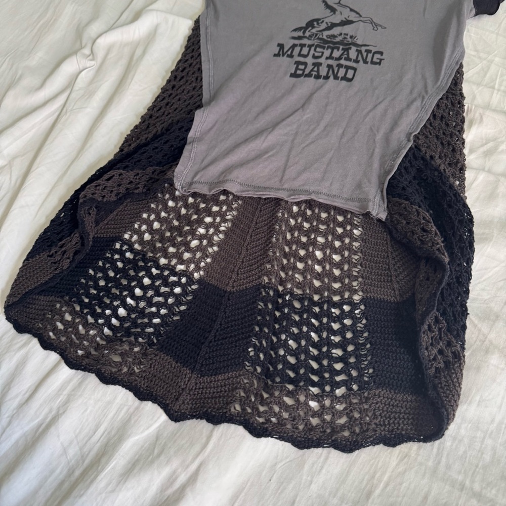 Free People Mustang Band Tee Crochet Mesh Back Top gray black Small mixed media - Picture 8 of 11